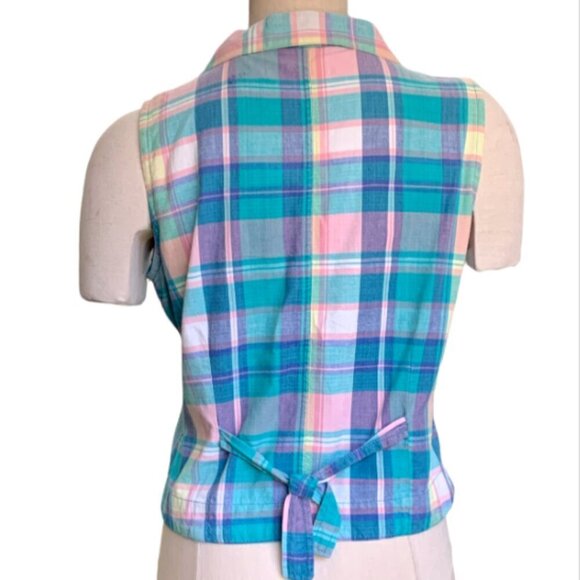 Erika Classics Button Up Collared Vest Top Sz M 100% Cotton Pastel Plaid 15P - Picture 3 of 6
